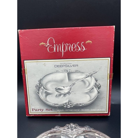 Vtg International Deep Silver Empress Elegant Party Set Relish Tray Spoon w/ Box - Picture 2 of 6